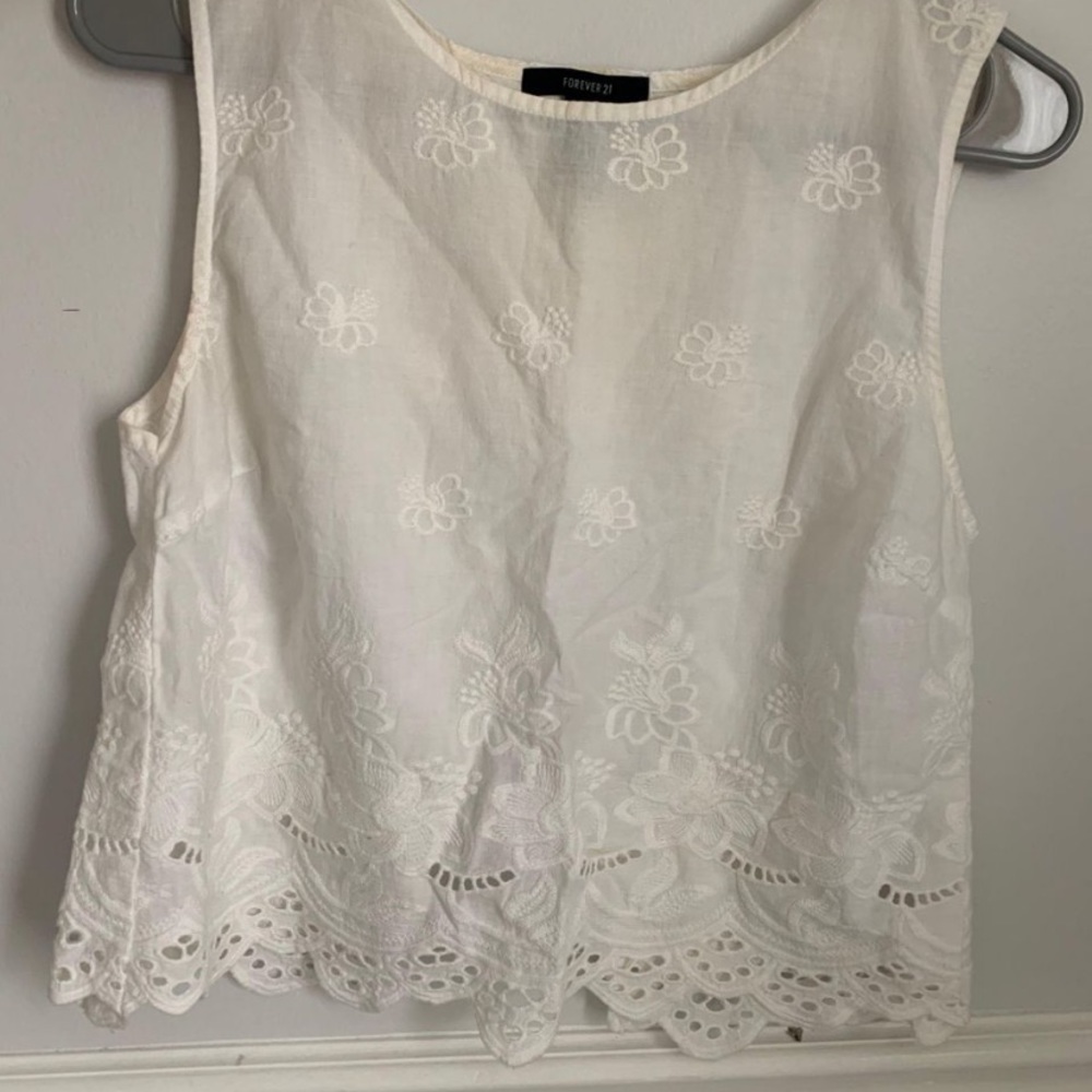 Forever21 white tank with floral detail and open back